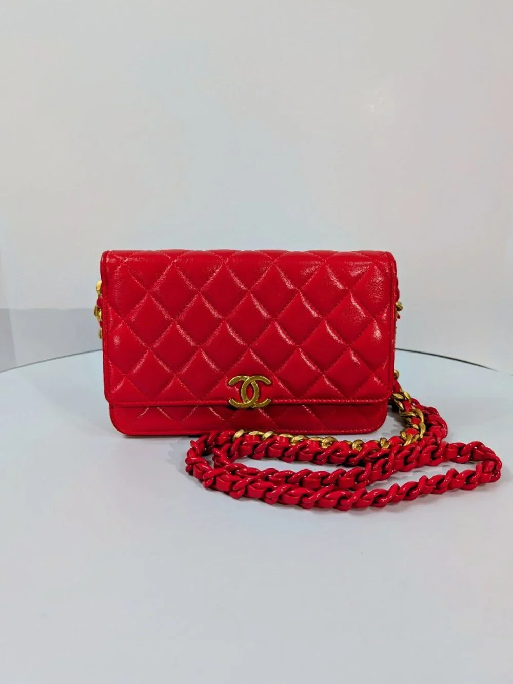 Chanel Bright Red Lambskin Classic Wallet on Chain (WOC)